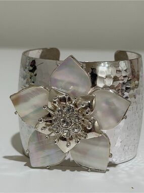 Nordstrom Silver Cuff Bracelet with Mother-of-Pearl Floral Accent